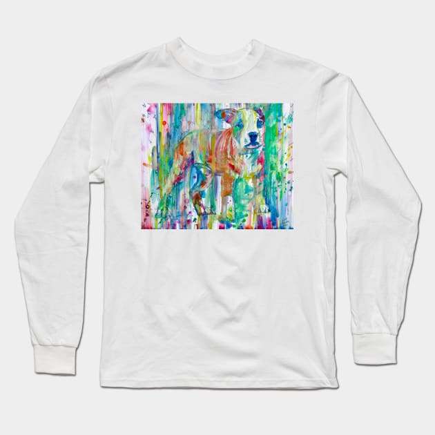 PUPPY PIT BULL STANDING - watercolor portrait Long Sleeve T-Shirt by lautir